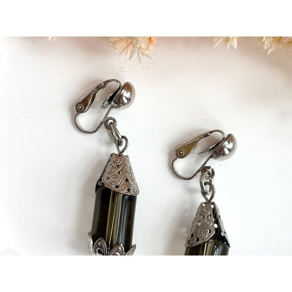 Silver Toned Silver Cylinder Rhinestone Vintage Clip On Dangle Earrings - Picture 3 of 10